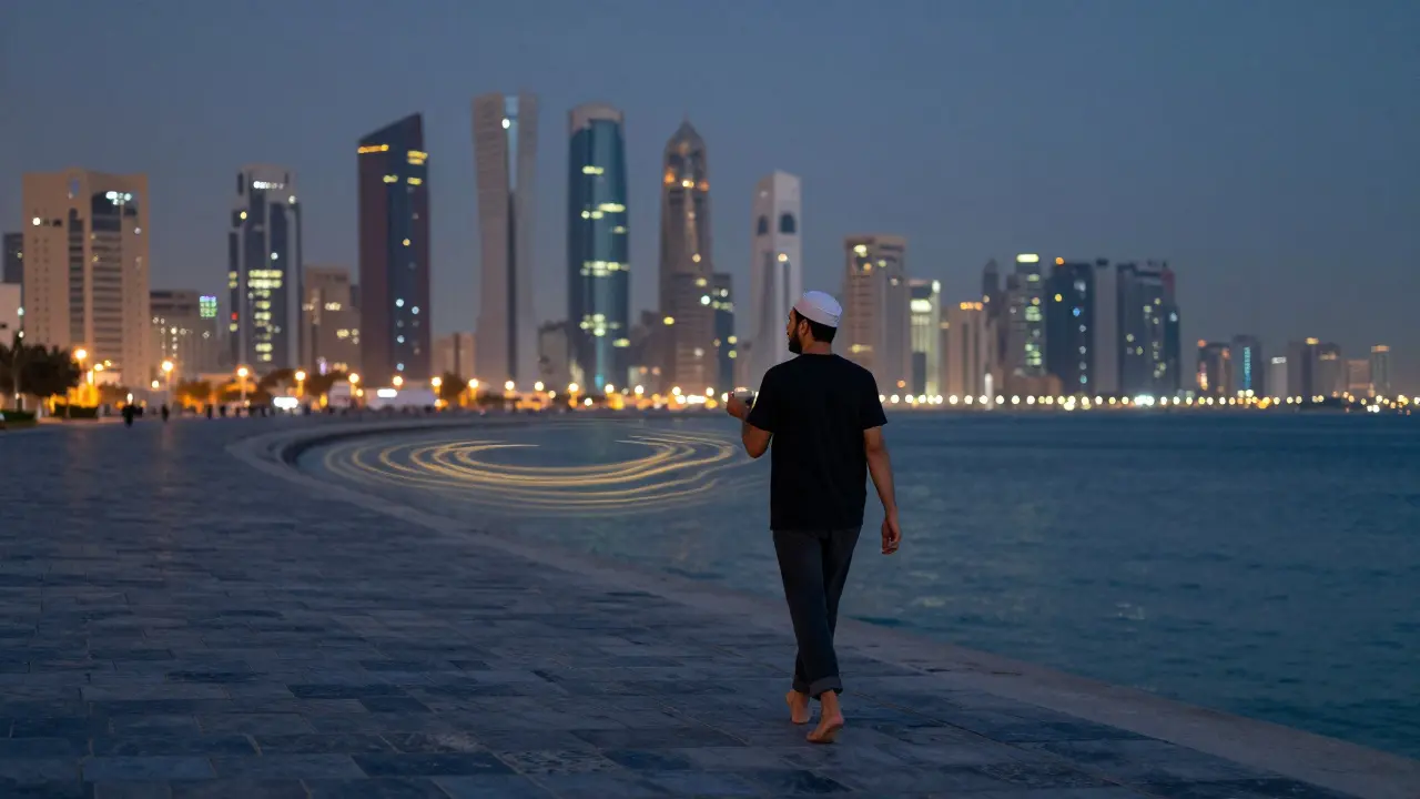 Solo traveler walking along Corniche at dawn with kahwa, city quiet, sea gently rolling under starry sky.