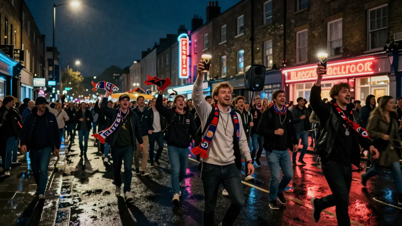 Spontaneous post-match parade in Camden at night, fans singing under neon lights with scarves swirling in the air.