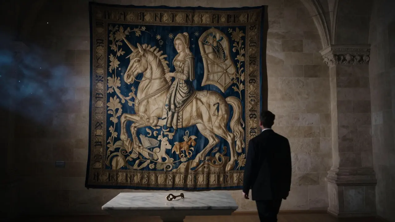 The unicorn in a medieval tapestry appears to move as a key rests on a table in the empty Musée de Cluny.