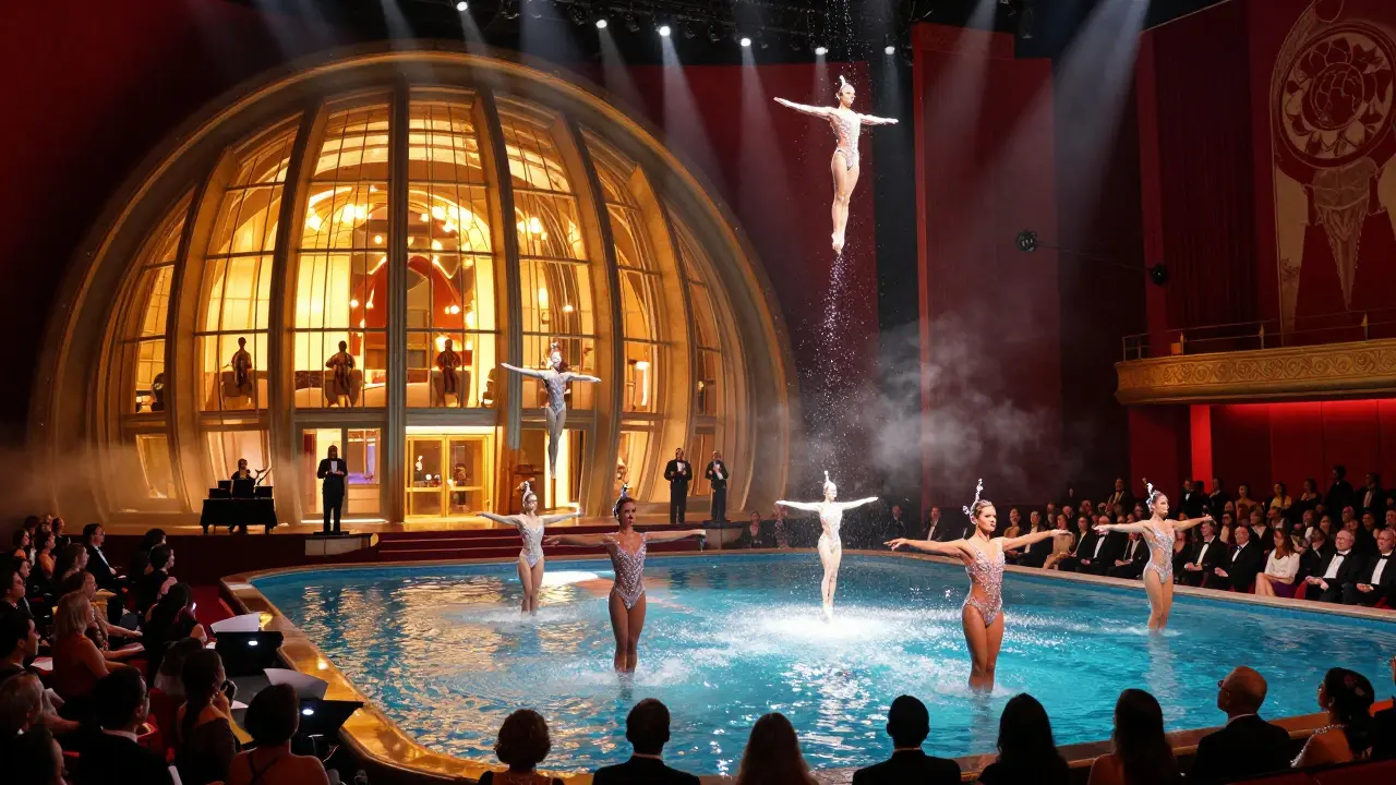 Theatrical performance in a pearl-shaped venue with acrobats diving into a pool, dancers in crystal suits, and an audience in black tie.