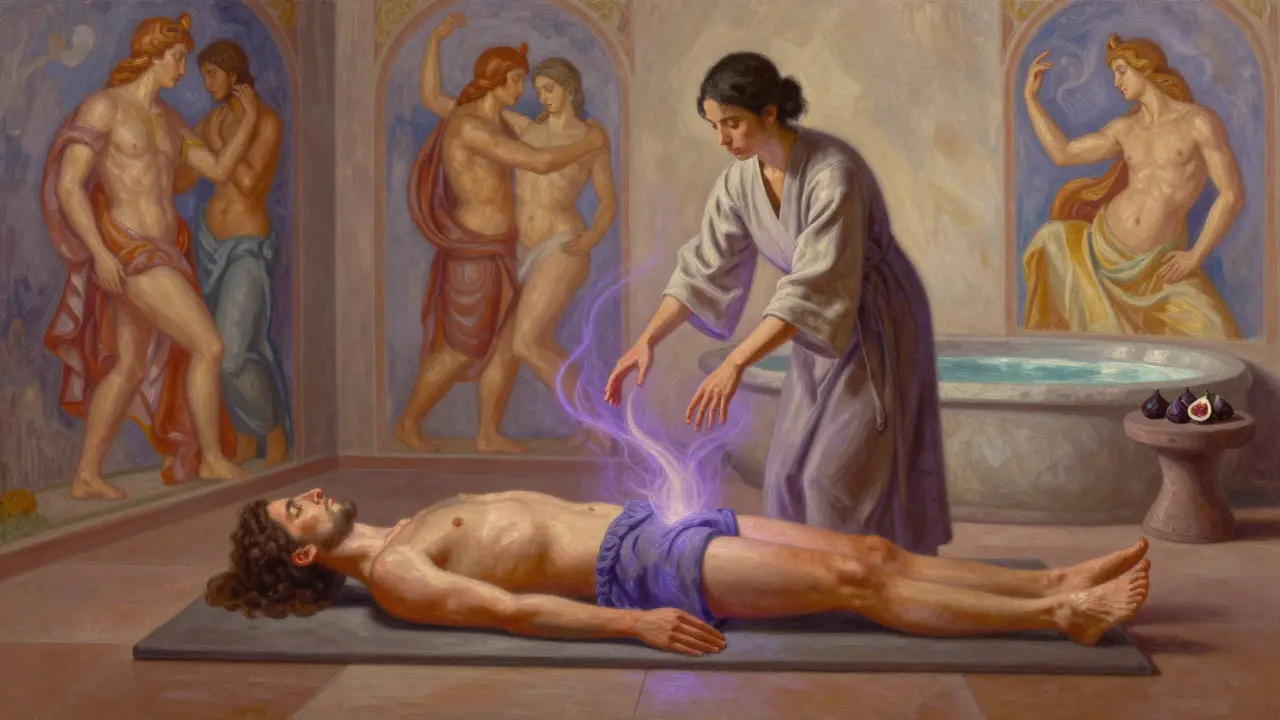 Therapist hovers near a couple in a frescoed room, energy flowing through stillness and touch.