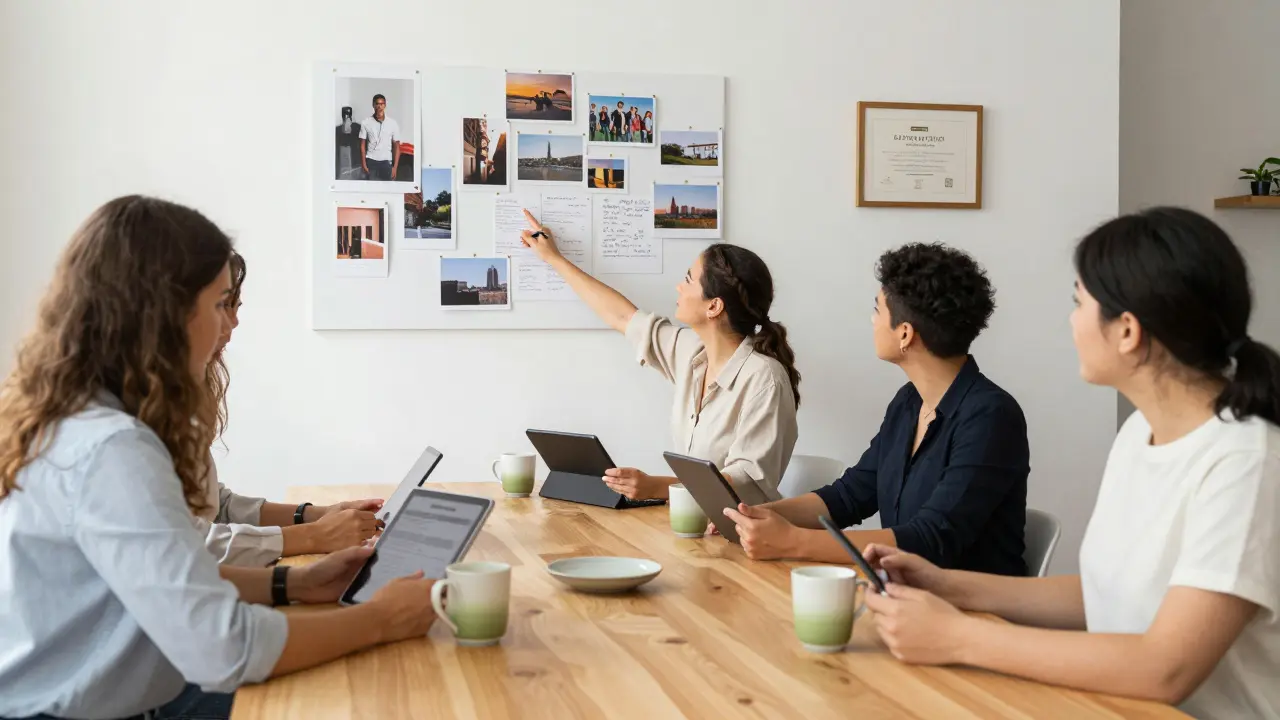 Three professionals collaborate in a bright co-working space, reviewing client itineraries and art-inspired mood boards.