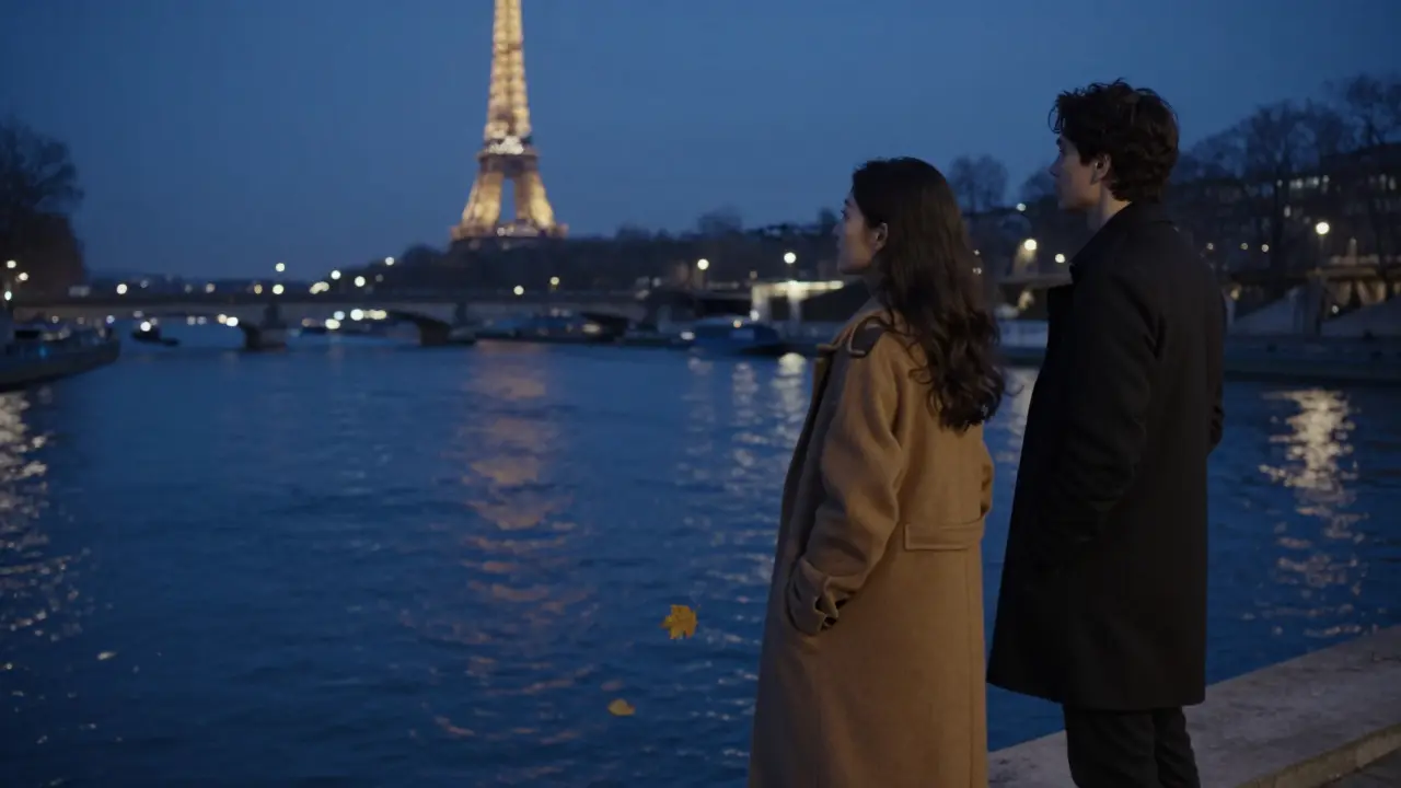Two figures standing silently by the Seine at midnight, bathed in moonlight.