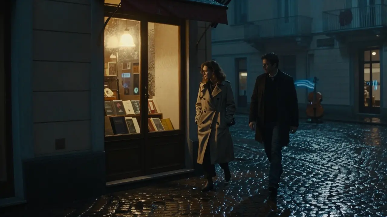 Two figures walking past a hidden bookshop in Brera under a soft lamplight at night.