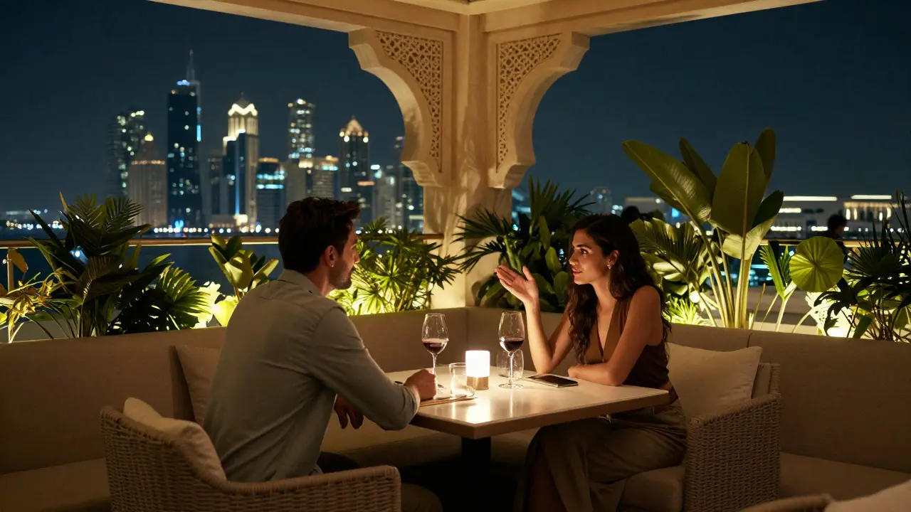 Two individuals enjoy a quiet evening at a private rooftop lounge with city lights in the background.