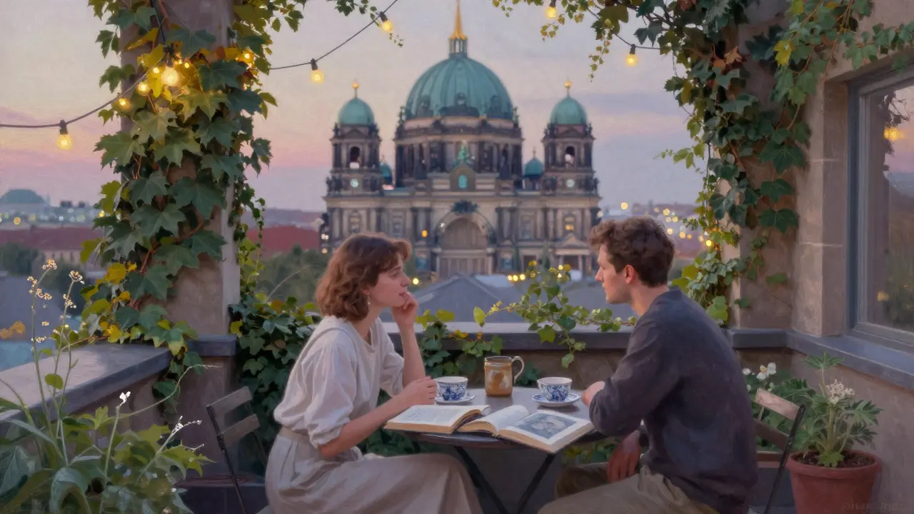Two individuals enjoying a quiet evening in a hidden rooftop garden with art books and city lights in the distance.