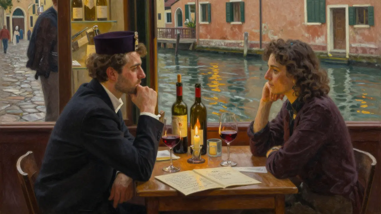 Two people enjoy a quiet aperitivo by the Navigli canal, candlelight reflecting on wine glasses and cobblestones.