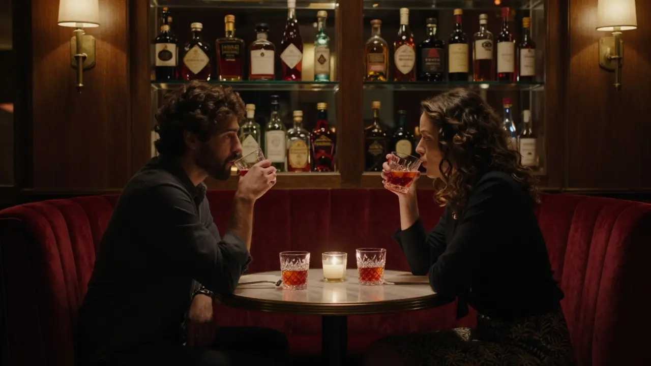 Two people enjoy Negroni Sbagliato in the dim, intimate glow of Bar Basso, surrounded by vintage Italian liquor bottles.
