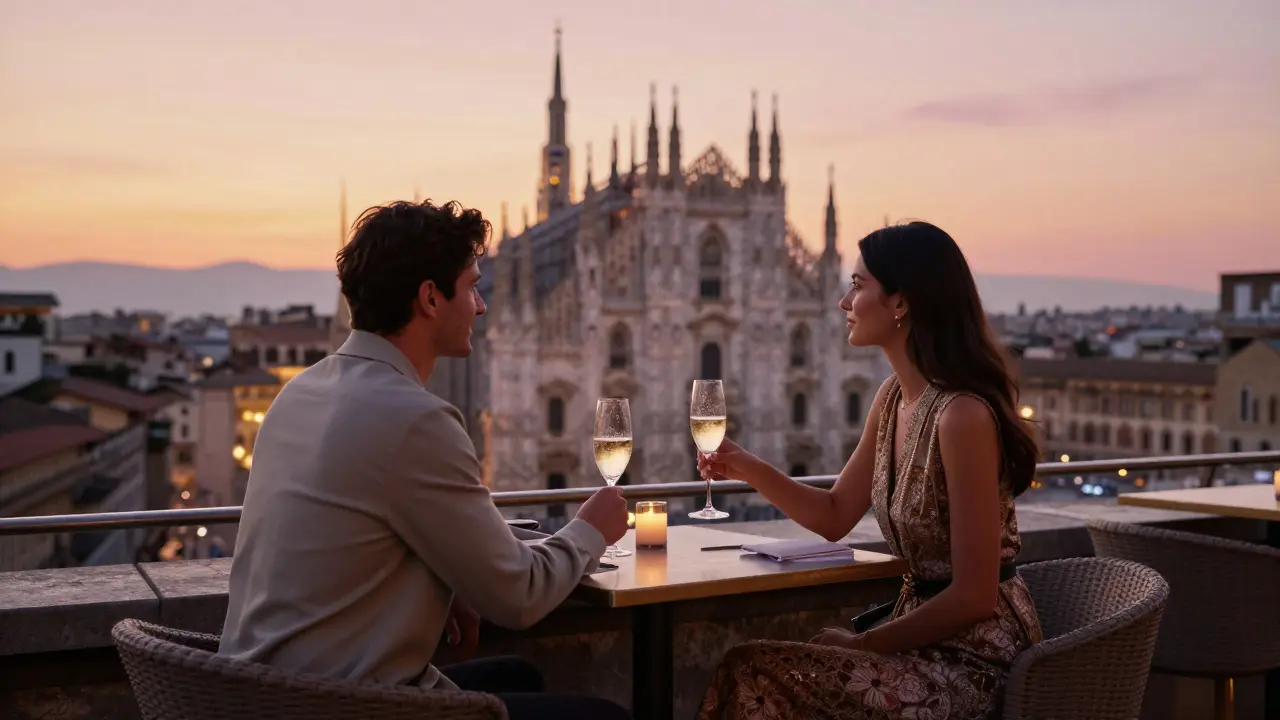 Two people enjoy sunset drinks on a Milan rooftop with the Duomo glowing in the background.