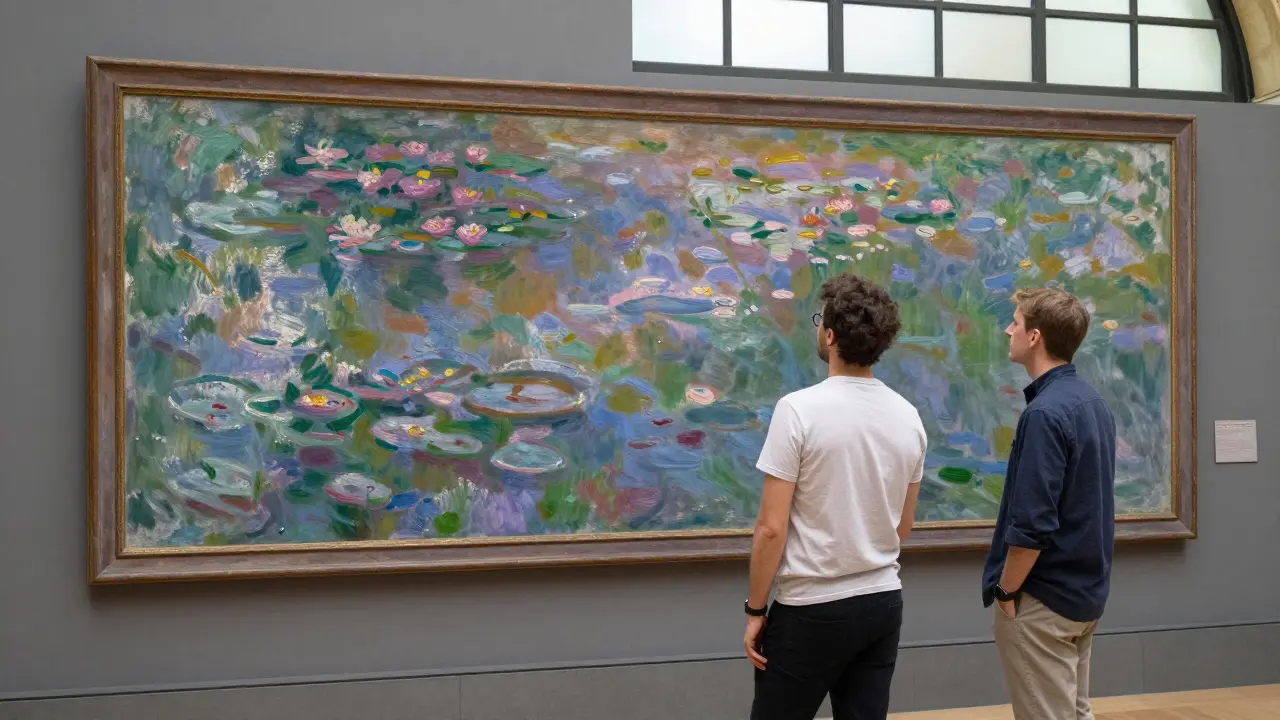 Two people quietly contemplate a Monet painting in the Musée d’Orsay, bathed in natural museum light.