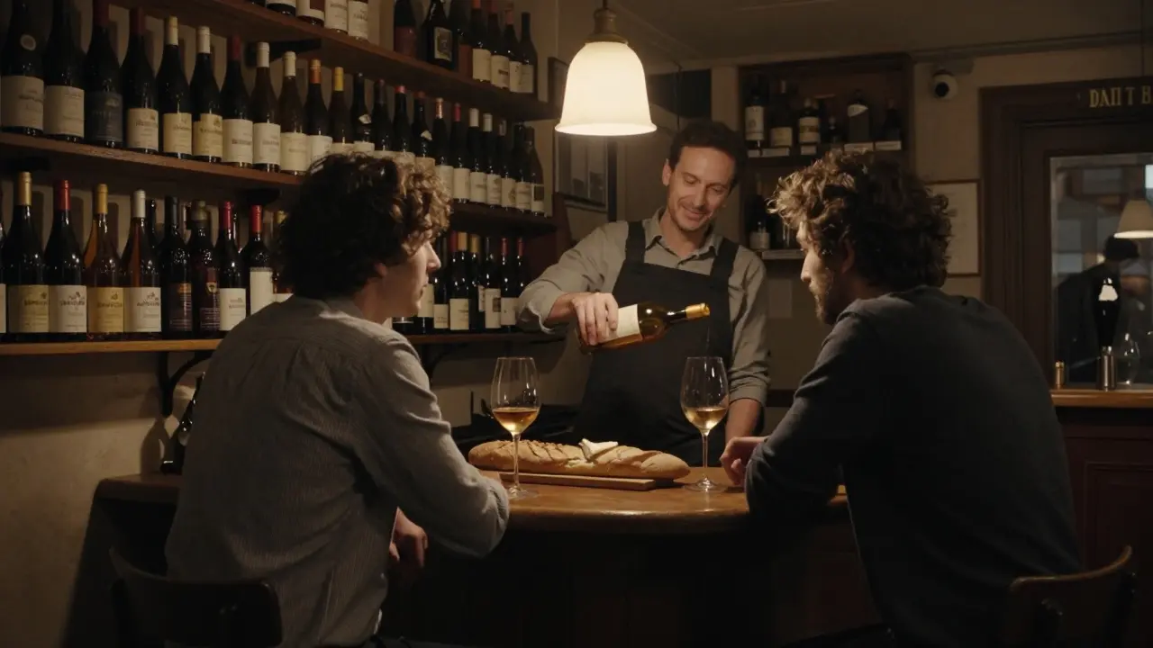 Two people share wine and cheese at a tiny Parisian bar, lit by warm lantern light.