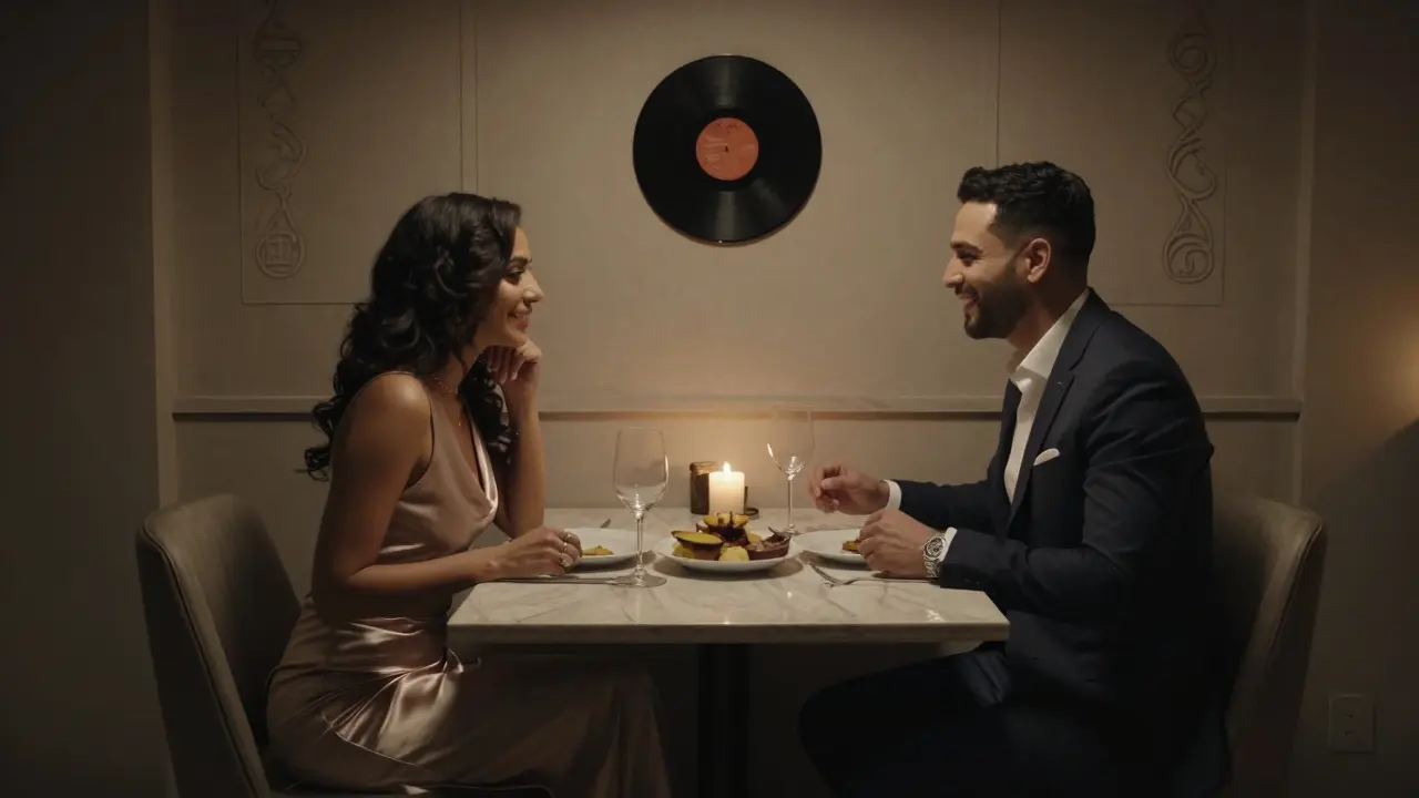 Two people sharing an intimate dinner in a candlelit private dining room in Dubai.