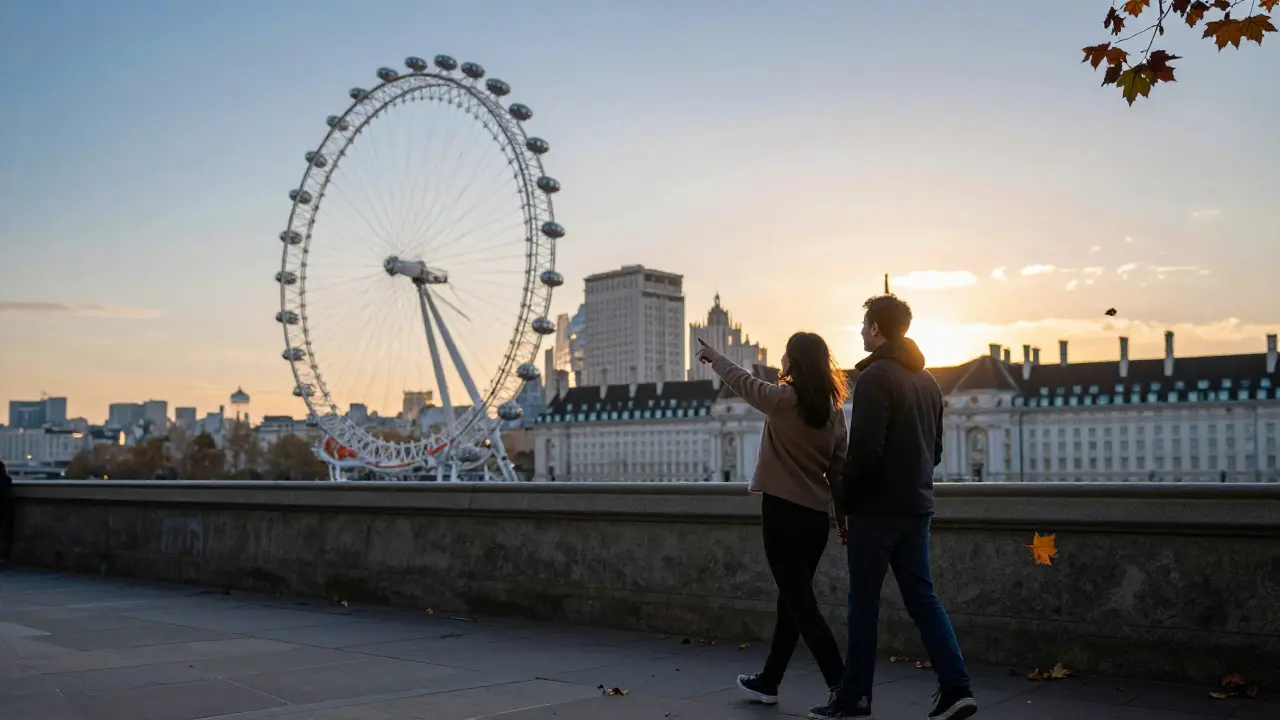 Two people walking along the Thames at sunset, city landmarks visible in the distance, autumn leaves in the air.