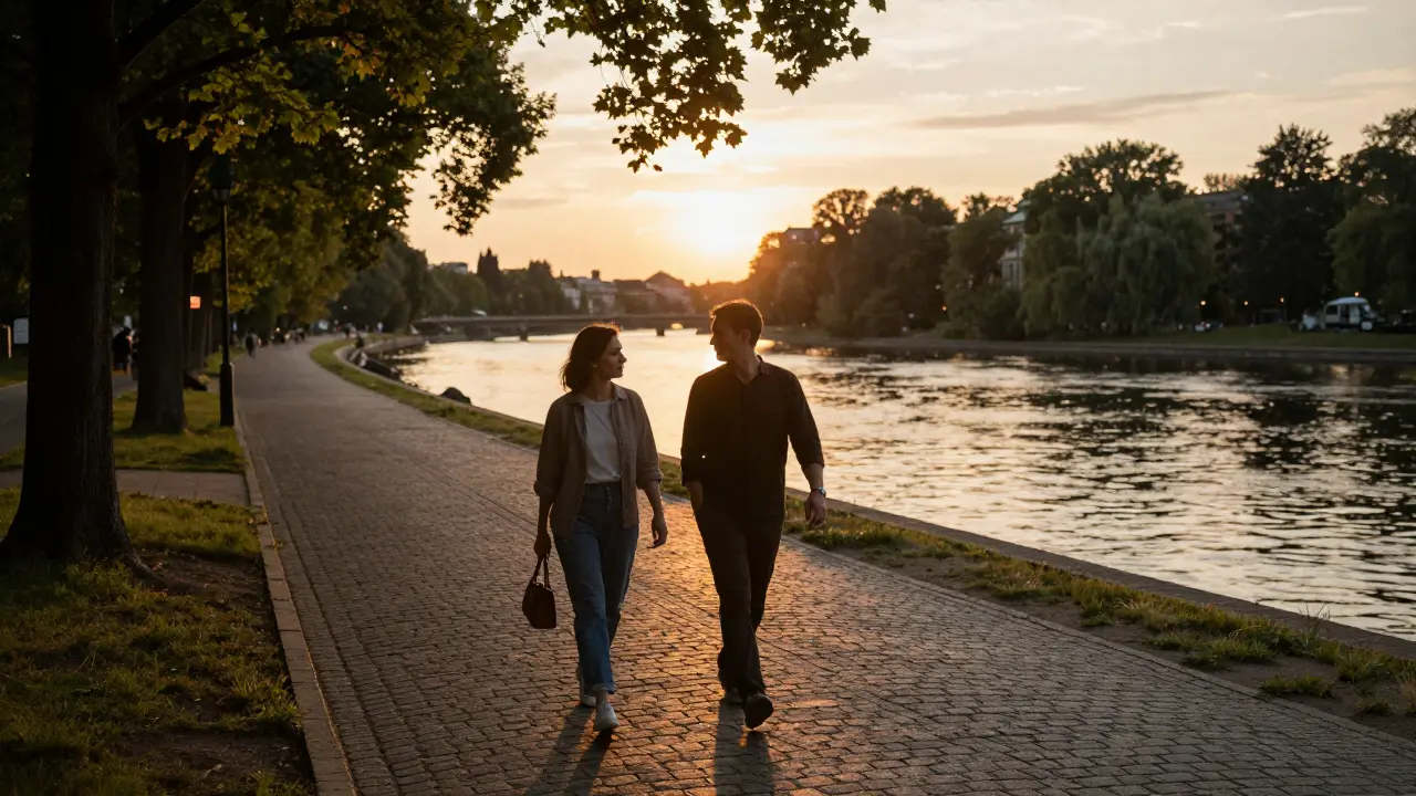 Two people walking peacefully along the Spree River at sunset, enjoying a calm evening together.