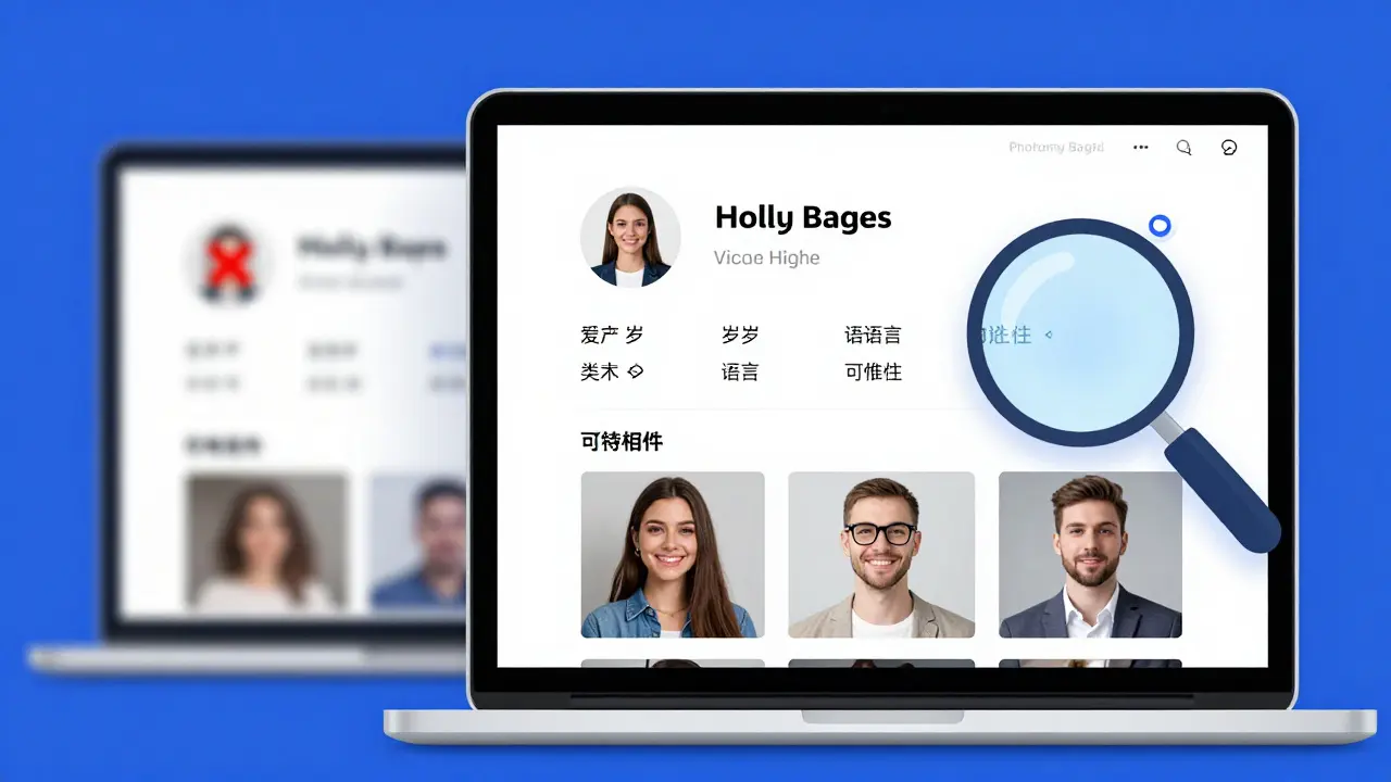 Two side-by-side escort profiles on a laptop—one clearly detailed and authentic, the other vague and flagged as suspicious.