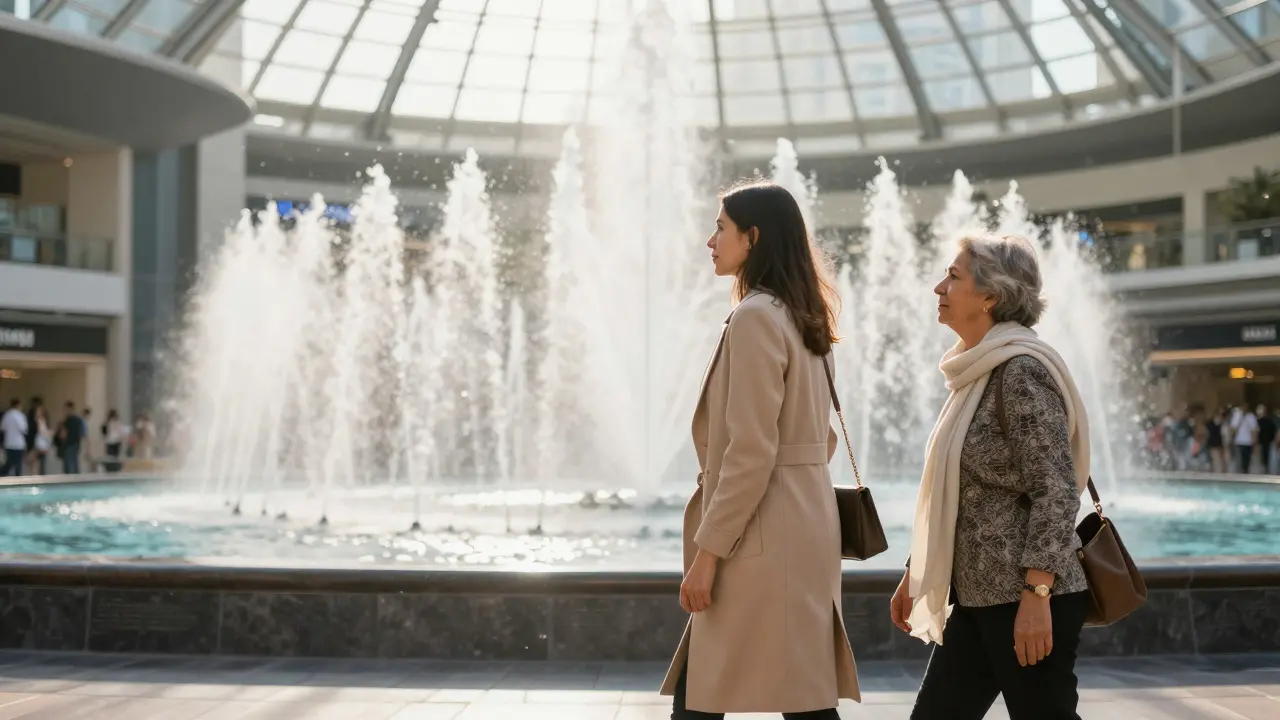 Two women walking calmly through Dubai Mall as the fountain begins to dance in the morning light.