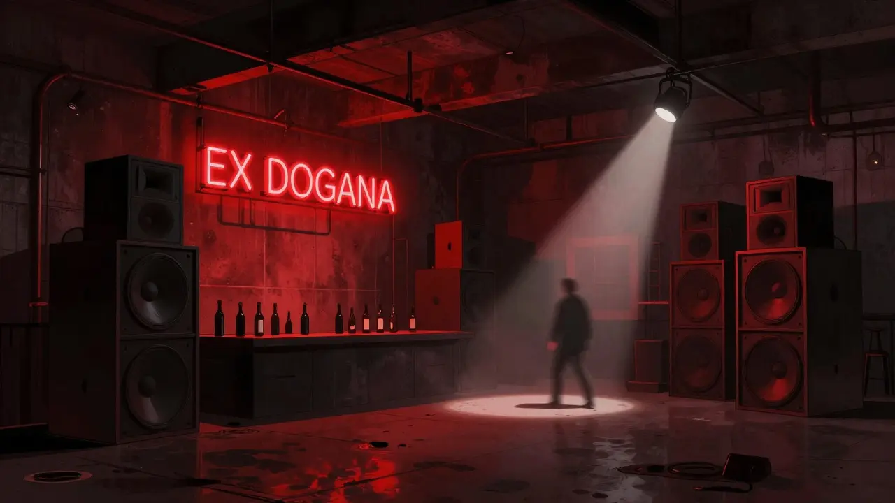 Underground club Ex Dogana with red neon lights, industrial space, lone figure dancing to deep bass vibrations.