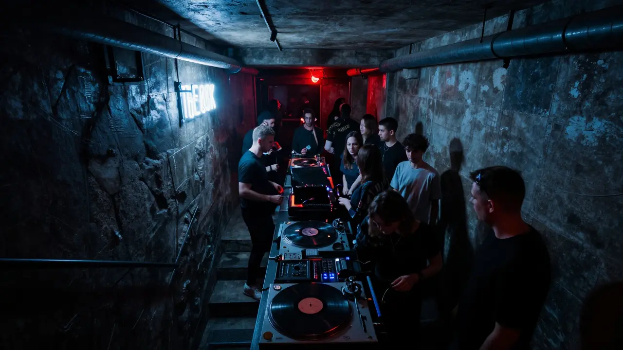 Underground club with flickering neon, packed dance floor, and raw techno energy in dim lighting.