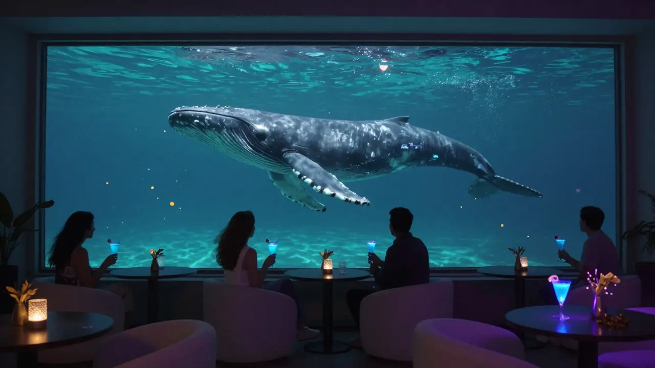 Underwater lounge with glass walls, guests sipping glowing cocktails as a whale swims past in the dark ocean.