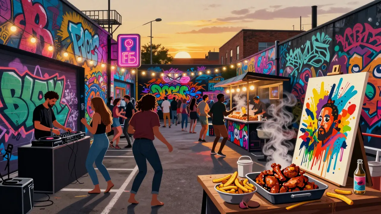 Vibrant Peckham Levels venue with graffiti, dancing crowds, and food stalls under string lights at night.