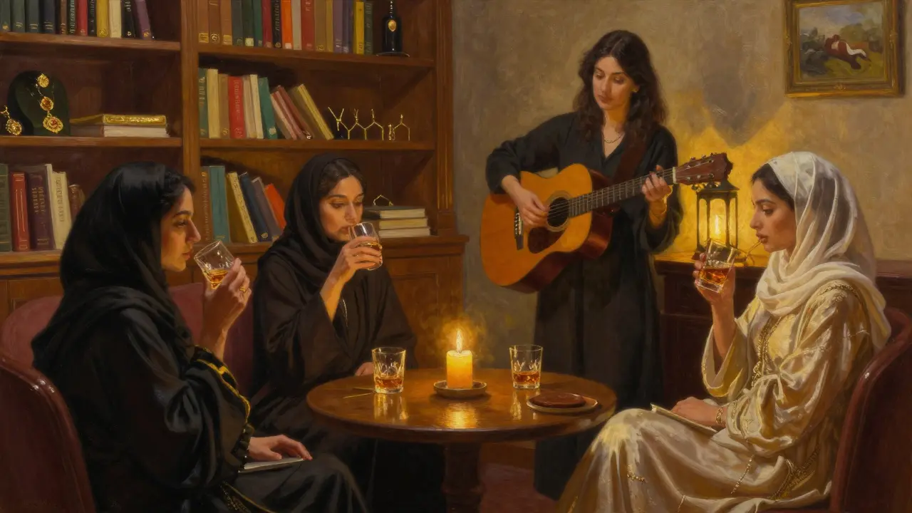 Women in elegant attire sipping whiskey in a cozy library lounge, candlelight and books surrounding them.