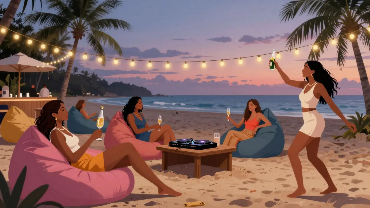 Women relaxing on bean bags at a beachside lounge with fairy lights and a DJ playing music, barefoot and carefree.