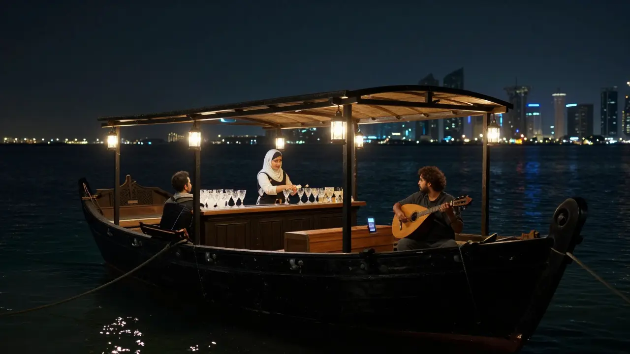 A black dhow floating at night with a bartender serving cocktails under lantern light, city skyline in the distance.