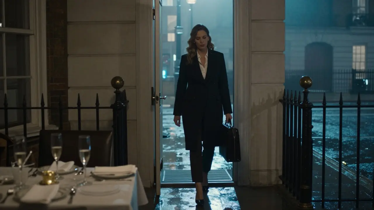 A companion departing discreetly into a misty London night after a private event.