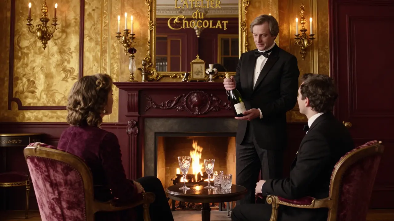 A couple enjoying a chocolate and champagne tasting by a fireplace in a luxurious Parisian townhouse.