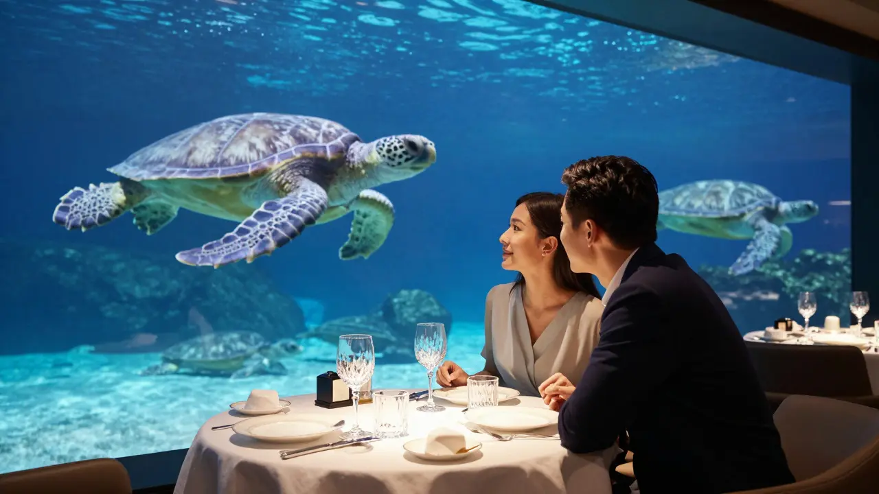 A couple enjoys a private dinner at an aquarium restaurant with sea turtles swimming nearby.