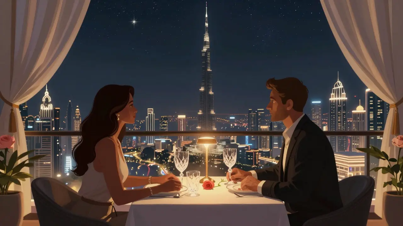 A couple enjoys a quiet dinner on a luxury rooftop in Dubai, with the city's glowing skyline stretching below them.