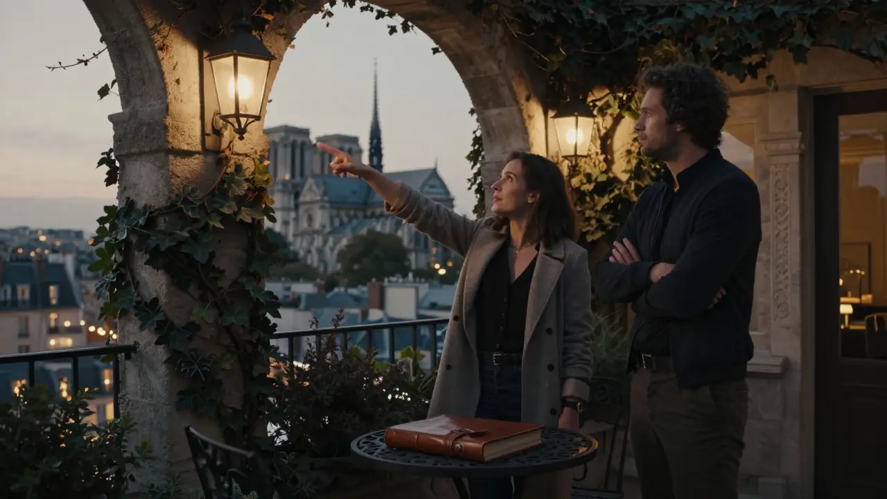 A couple on a rooftop garden in Saint-Germain-des-Prés, discussing architecture as Paris lights twinkle in the distance.