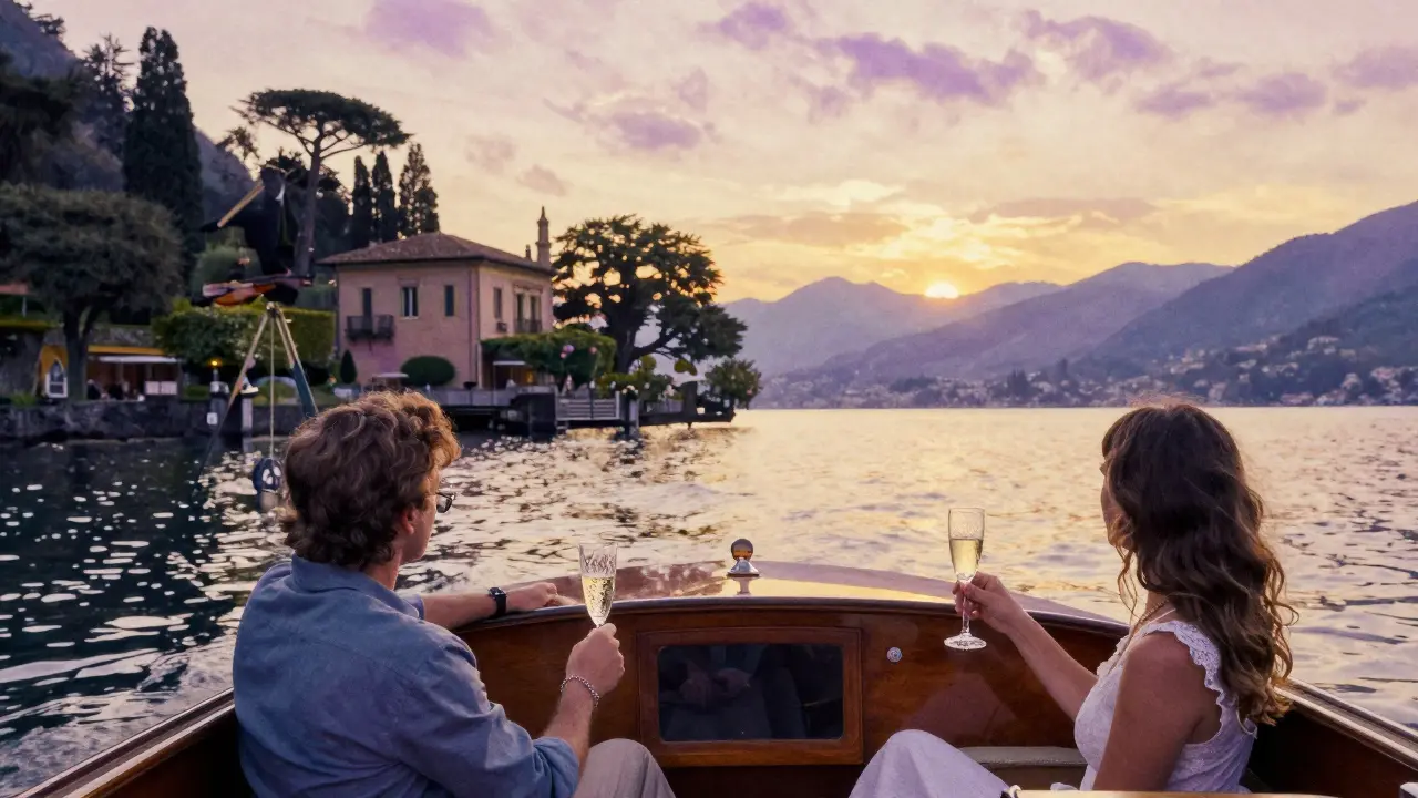 A couple sipping prosecco on a private boat at sunset on Lake Como.