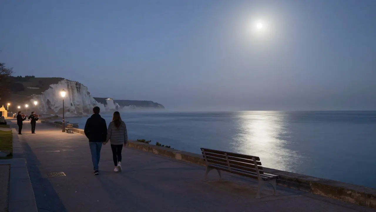 A couple walks hand-in-hand along a cliffside path under starlight, with a lighthouse and distant violin music.