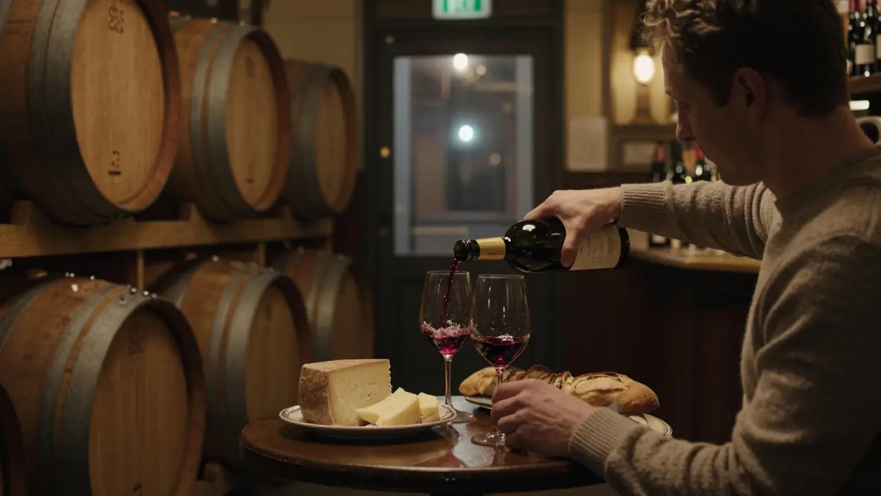 A cozy underground wine bar with a sommelier pouring wine and cheese under warm lamplight.