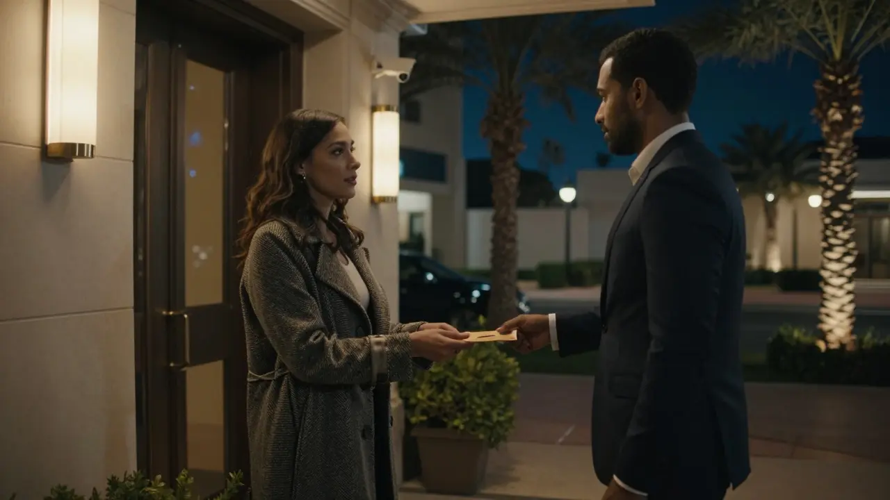 A discreet handoff at a secure Jumeirah residence entrance at night, under soft streetlights.