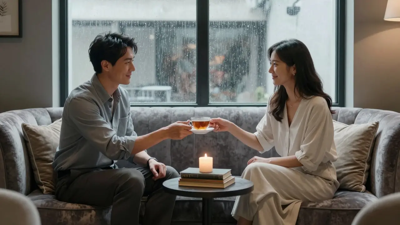 A first meeting in a boutique hotel lounge, a man and woman seated apart, sharing tea in calm, respectful silence.