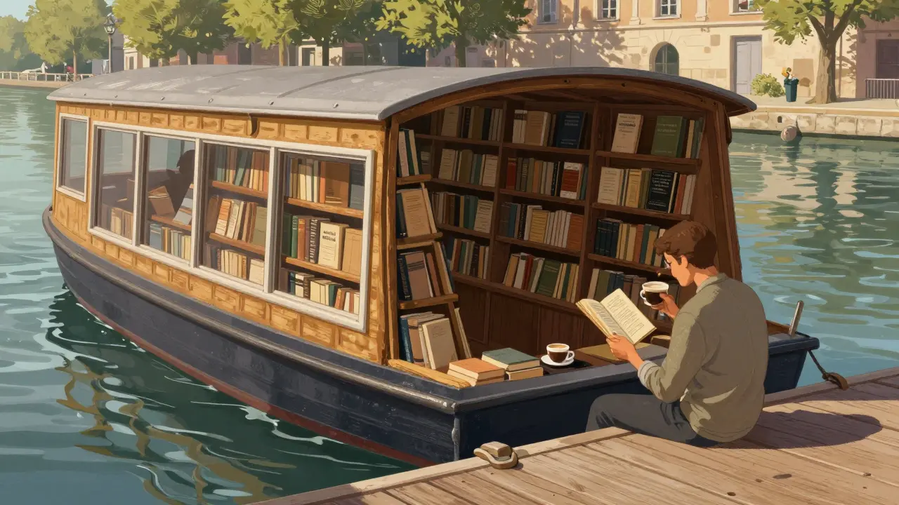 A floating bookshop on the Canal Saint-Martin with a reader enjoying coffee on the dock.