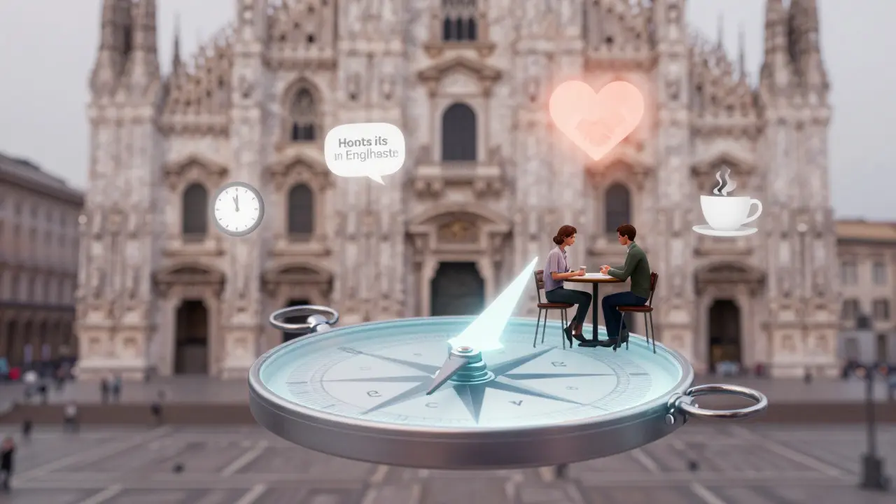 A glowing compass above Milan's Piazza del Duomo pointing to a heart above a café table, symbolizing authentic connection.