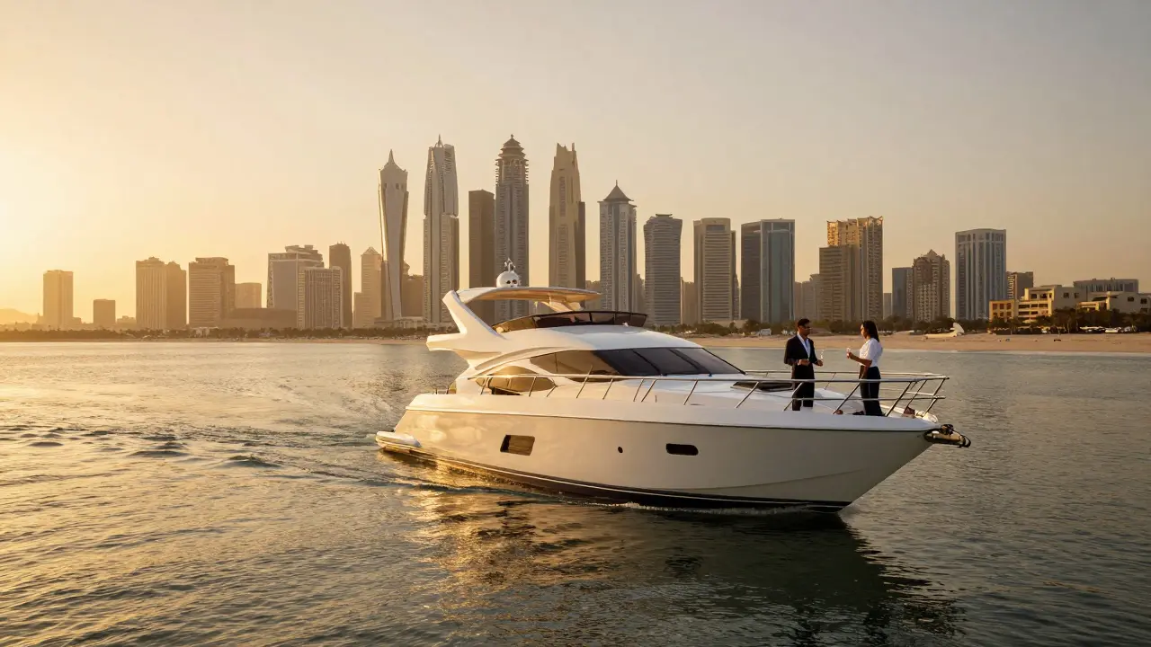 A luxury yacht at sunset along Jumeirah Beach with Dubai’s skyline in the distance.