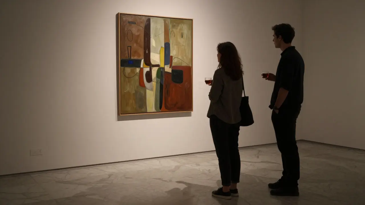 A man and woman in a private art gallery after hours, one holding out a cup of tea with quiet kindness.