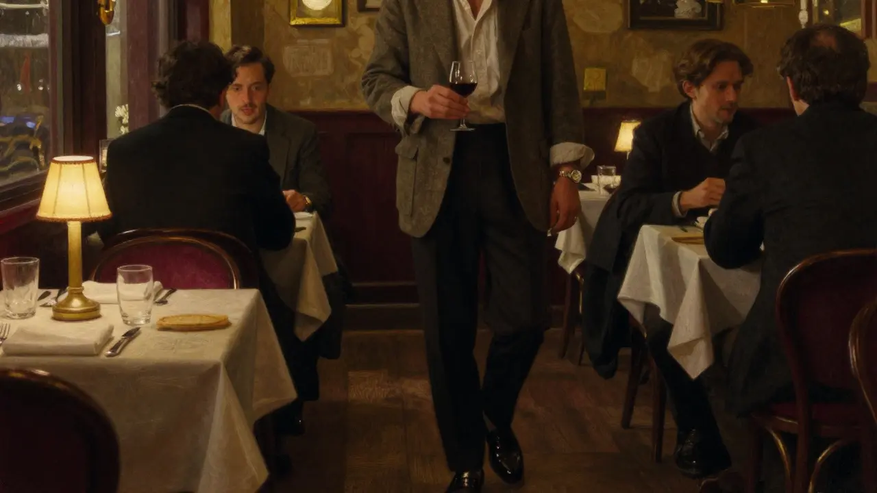 A man in a tailored blazer enters a cozy Parisian bistro with a glass of wine.