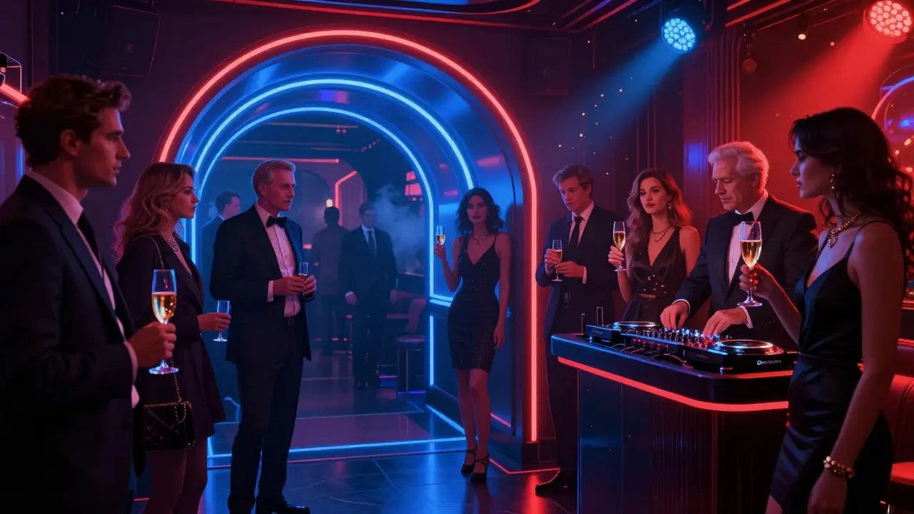 A neon-lit underground club beneath the casino with stylish guests clinking champagne flutes.