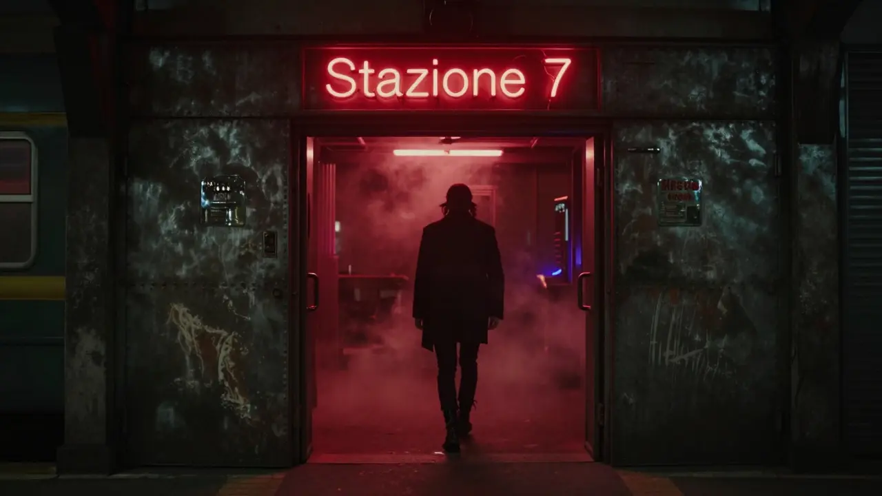 A person entering a hidden underground club at Stazione 7, dim red neon glow from an old train station doorway.