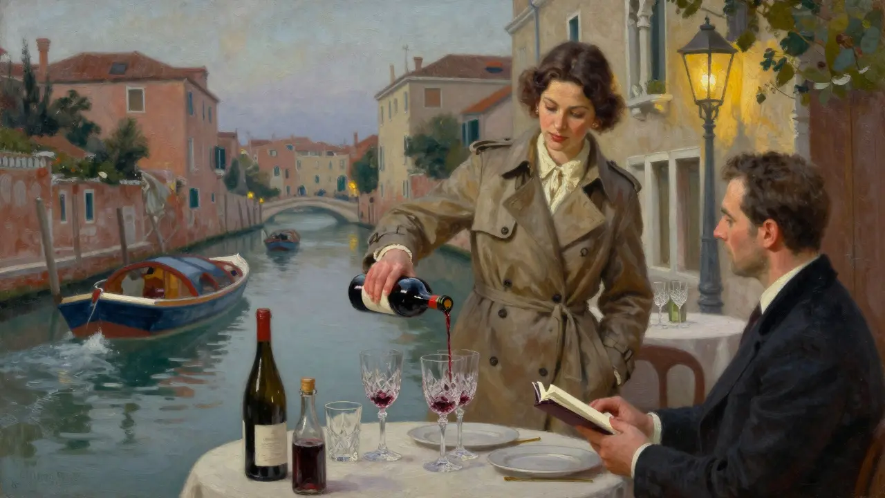 A private wine tasting by the Navigli canal at dusk, with lanterns, boats, and elegant attire, conveying sophistication.