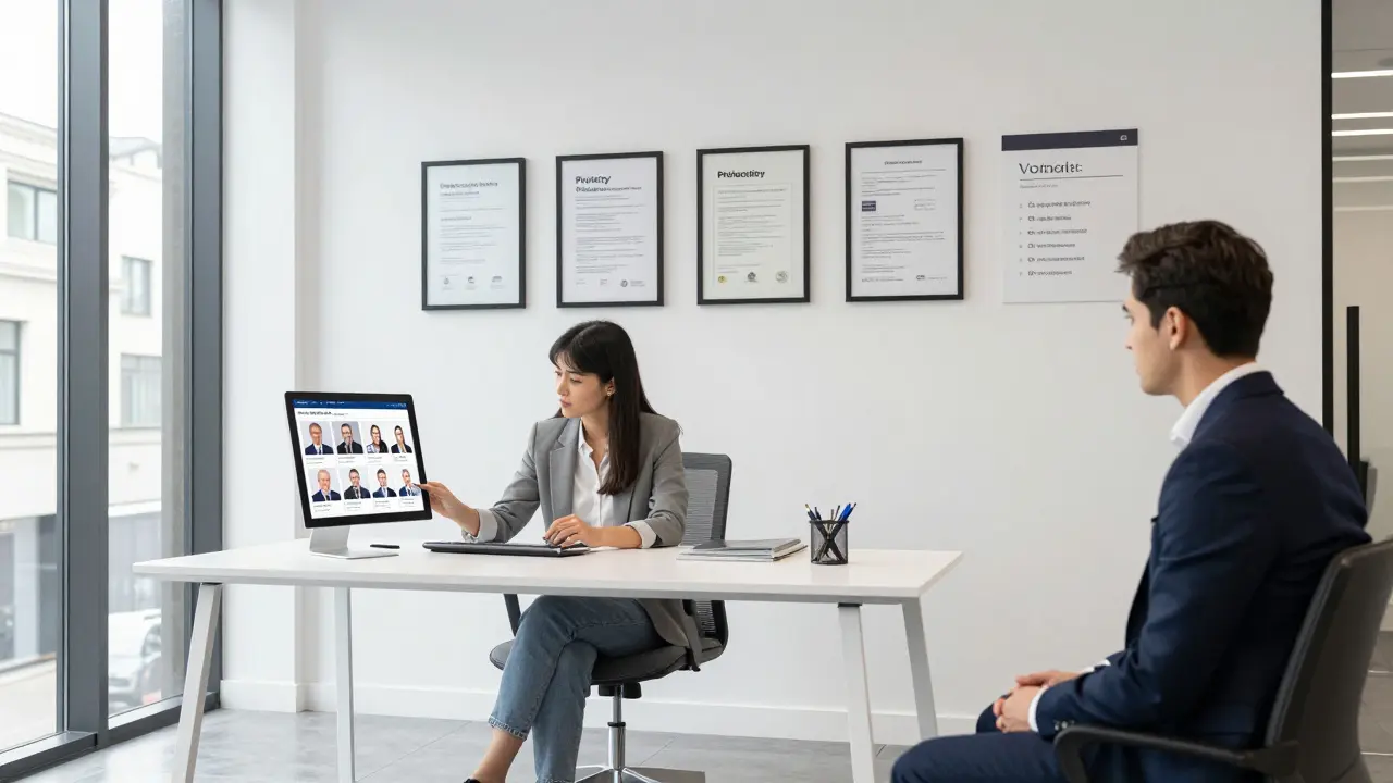 A professional agency office with digital profiles and vetting standards displayed, calm and modern.