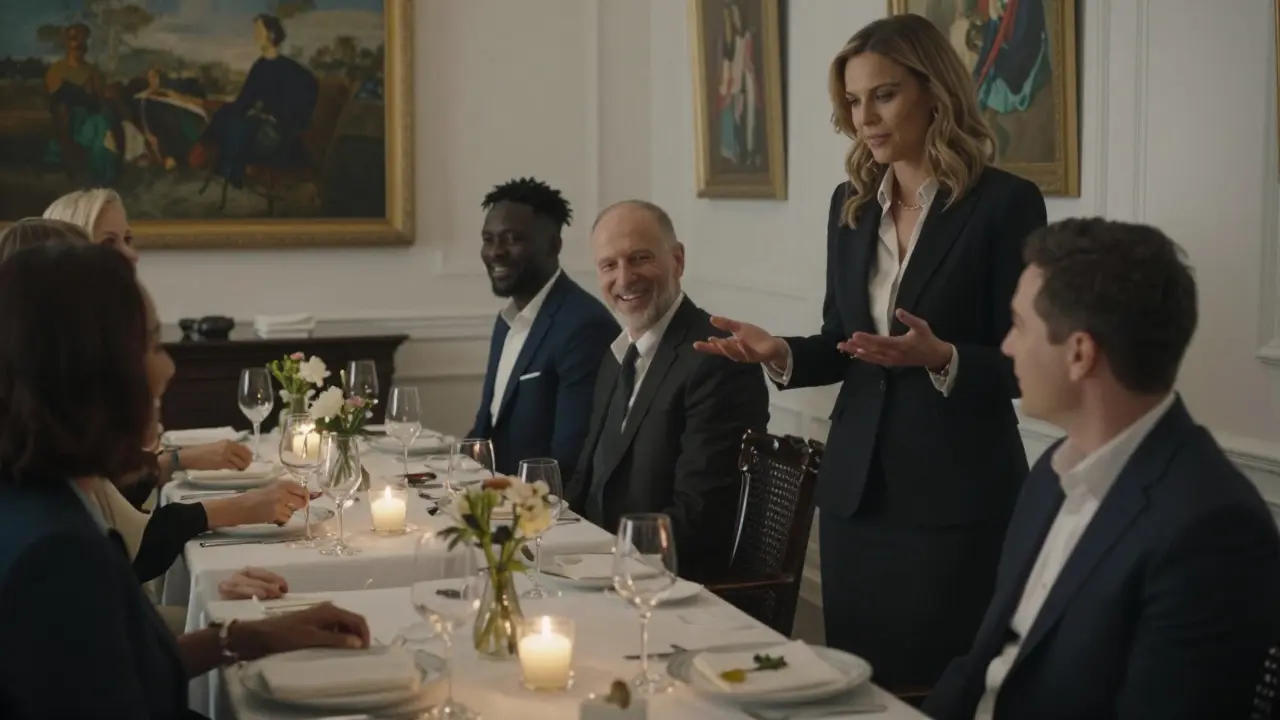 A professional companion listening attentively during an upscale London dinner, blending seamlessly into the setting.