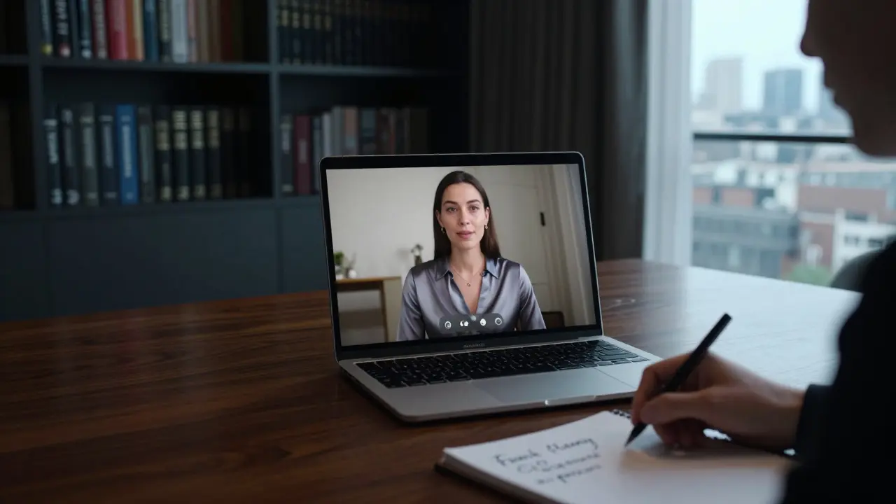 A professional consultation via secure video call in a luxurious Mayfair penthouse, with handwritten notes on a desk.