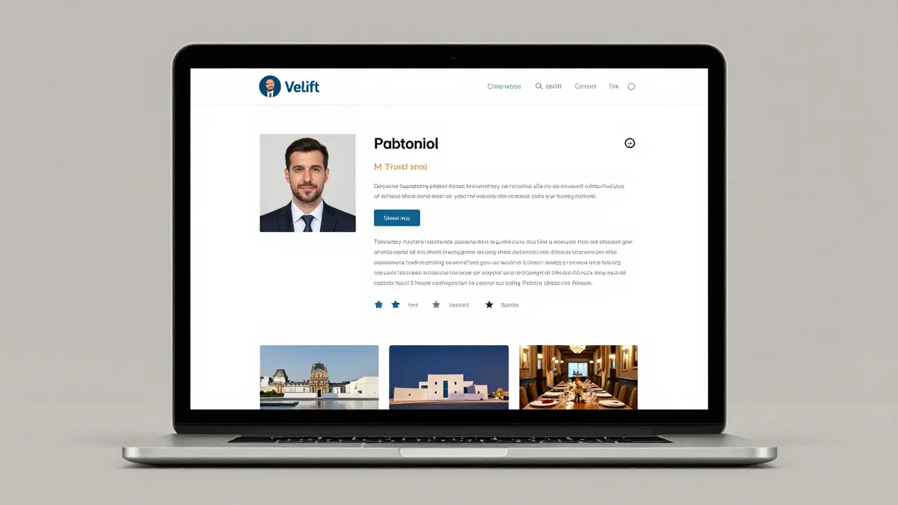 A professional escort profile on a website with detailed bio, verified reviews, and high-quality photos, displayed on a laptop.