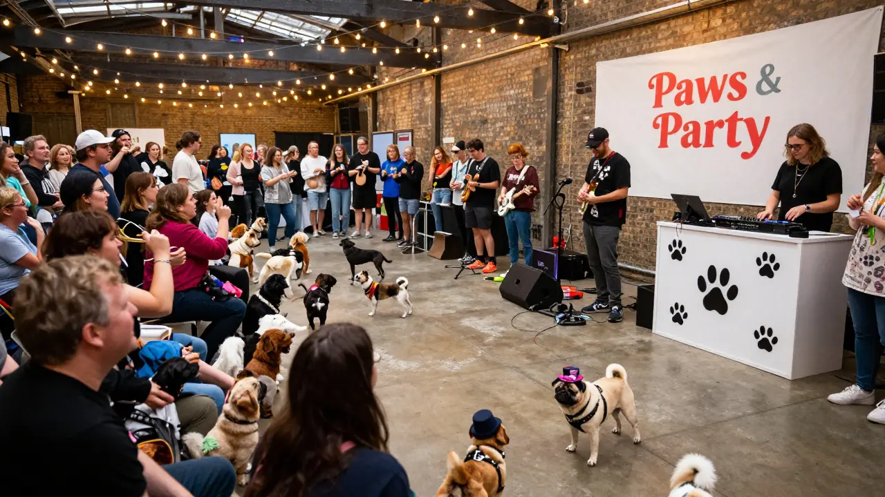 A pug in a top hat wins a dog fashion contest at a lively pet-friendly night event with a cheering crowd.